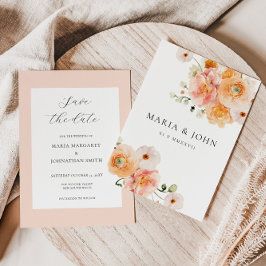 Convite Boho Peach & Blush Floral Casamento Salve a Data