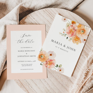 Convite Boho Peach & Blush Floral Casamento Salve a Data