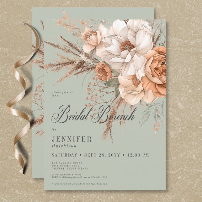 Convite Boho Peach & Cream Floral Green Bridal Brunch (Boho Peach & Cream Floral Green Bridal Brunch Invitation)