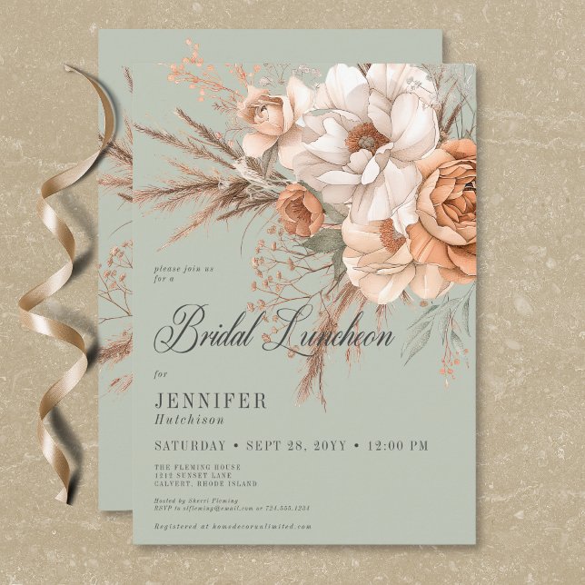 Convite Boho Peach & Cream Floral Green Bridal Luncheon (Boho Peach & Cream Floral Green Bridal Luncheon Invitation)