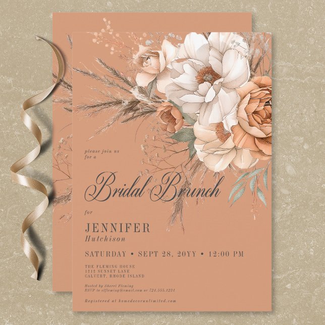 Convite Boho Peach & Cream Floral Rust Bridal Brunch (Boho Peach & Cream Floral Rust Bridal Brunch Invitation)