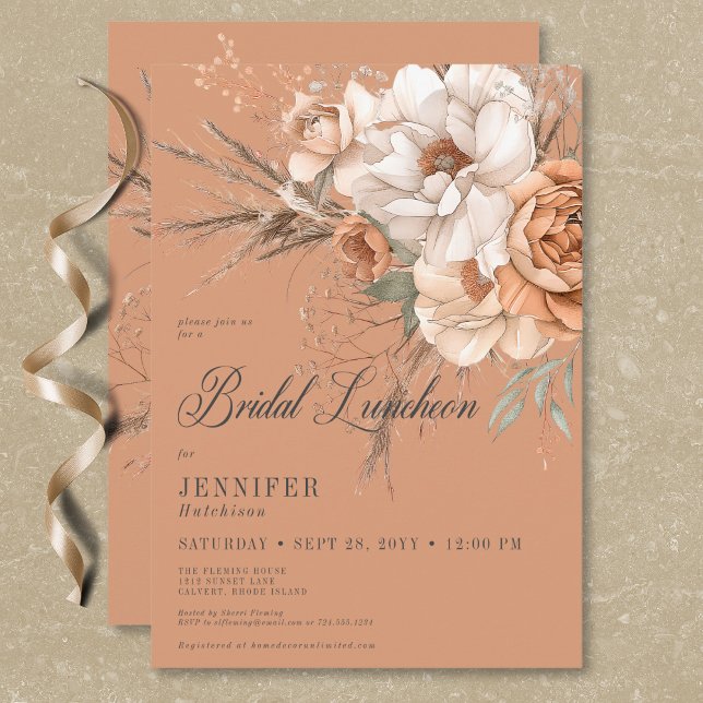 Convite Boho Peach & Cream Floral Rust Bridal Lunchee (Boho Peach & Cream Floral Rust Bridal Luncheon Invitation)