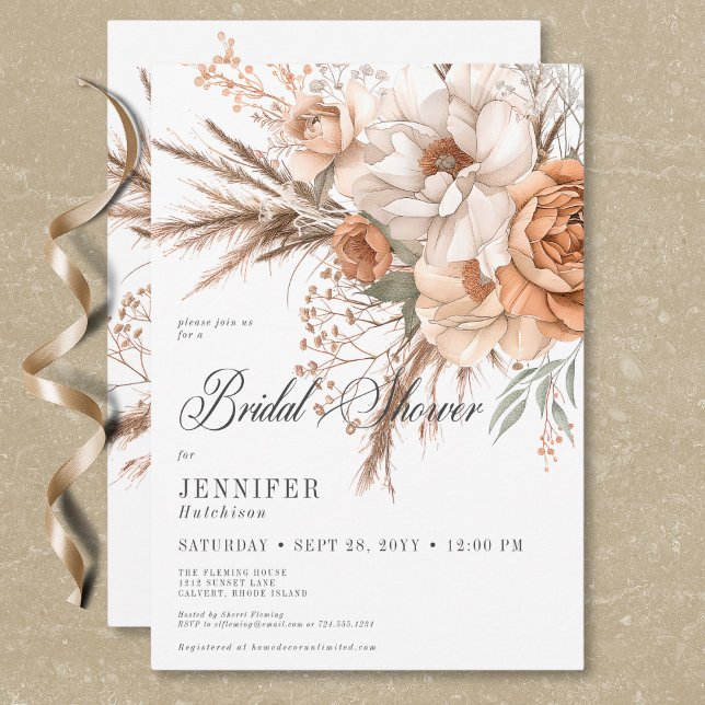 Convite Boho Peach e Cream Chá de panela Branco Floral (Boho Peach & Cream Floral White Bridal Shower Invitation)