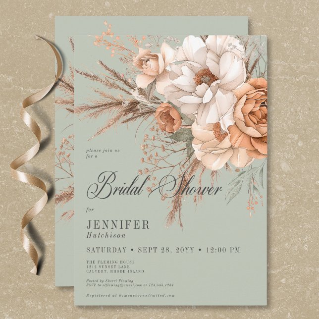 Convite Boho Peach e Cream Chá de panela Verde Floral (Boho Peach & Cream Floral Green Bridal Shower Invitation)