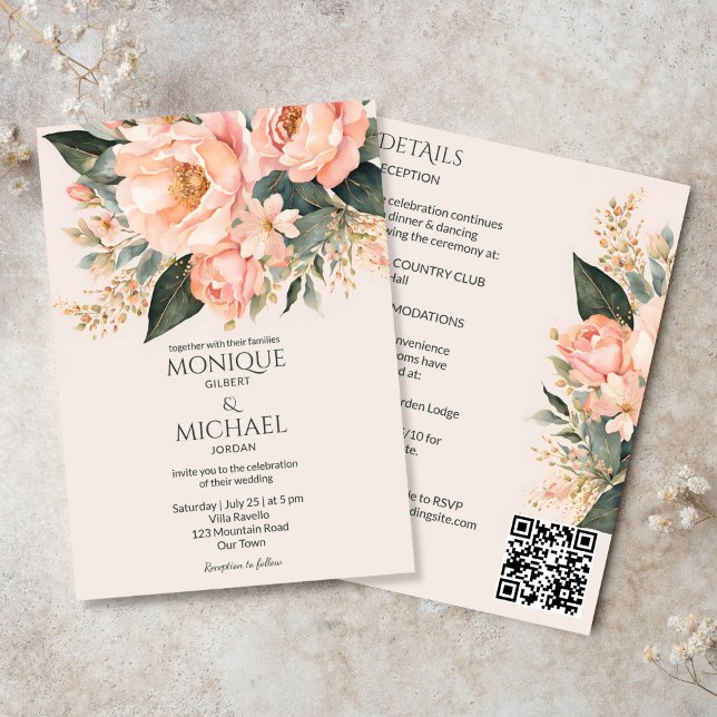 Convite Boho peach earthy floral tudo em um casamento (Boho peach earthy floral all in one wedding invitation template digital download spring summer)