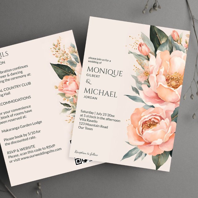 Convite Boho peach earthy floral tudo em um casamento (Boho peach earthy floral all in one wedding invitation template digital download summer flowers)