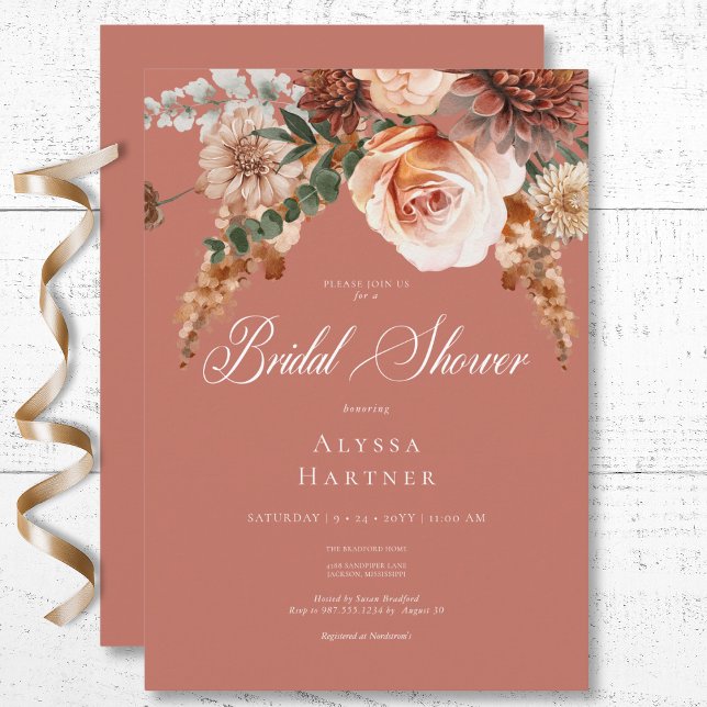 Convite Boho Peach & Rust Chá de panela Floral Rust (Boho Peach & Rust Floral Rust Bridal Shower Invitation)