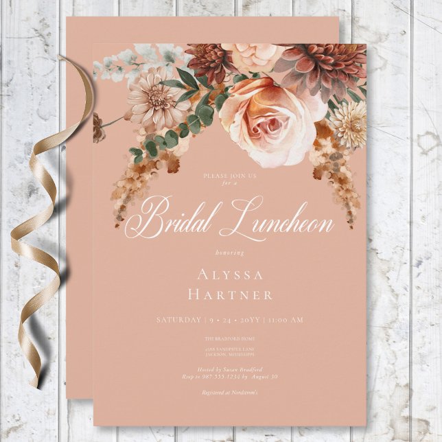 Convite Boho Peach & Rust Floral Peach Blush Bridal (Boho Peach & Rust Floral Peach Blush Bridal Lunch Invitation)