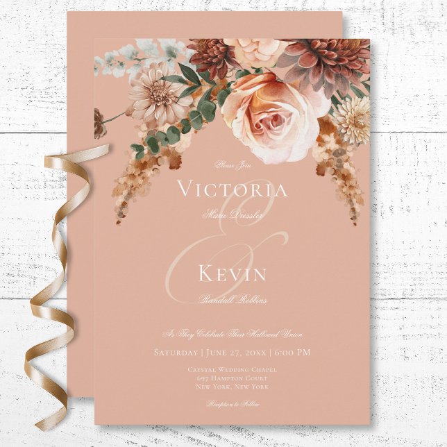 Convite Boho Peach & Rust Floral Peach Blush Casamento (Boho Peach & Rust Floral Peach Blush Wedding Invitation)