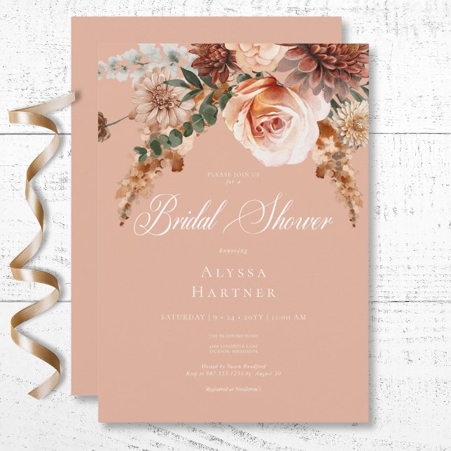 Convite Boho Peach & Rust Floral Peach Blush Chá de panela (Boho Peach & Rust Floral Peach Blush Bridal Shower Invitation)