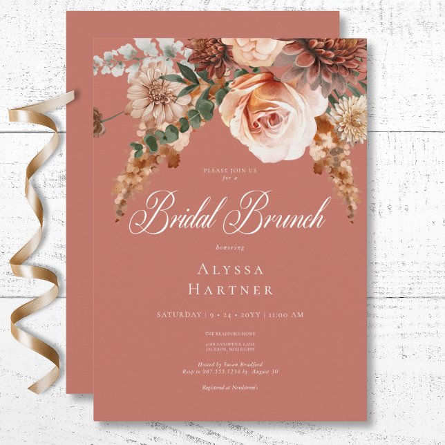 Convite Boho Peach & Rust Floral Rust Bridal Brunt (Boho Peach & Rust Floral Rust Bridal Brunch Invitation)