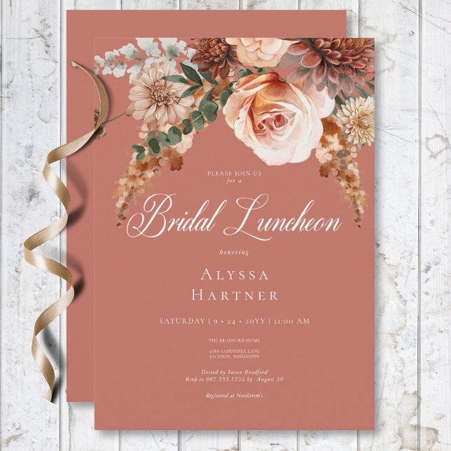 Convite Boho Peach & Rust Floral Rust Bridal Lunchedo (Boho Peach & Rust Floral Rust Bridal Luncheon Invitation)