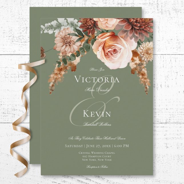 Convite Boho Peach & Rust Floral Sage Casamento Verde (Boho Peach & Rust Floral Sage Green Wedding Invitation)