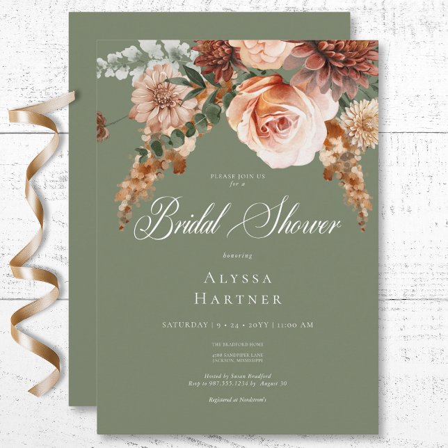 Convite Boho Peach & Rust Floral Sage Chá de panela Verde (Boho Peach & Rust Floral Sage Green Bridal Shower Invitation)
