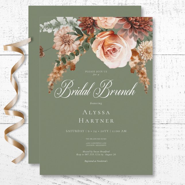 Convite Boho Peach & Rust Floral Sage Green Bridal Brunch (Boho Peach & Rust Floral Sage Green Bridal Brunch Invitation)