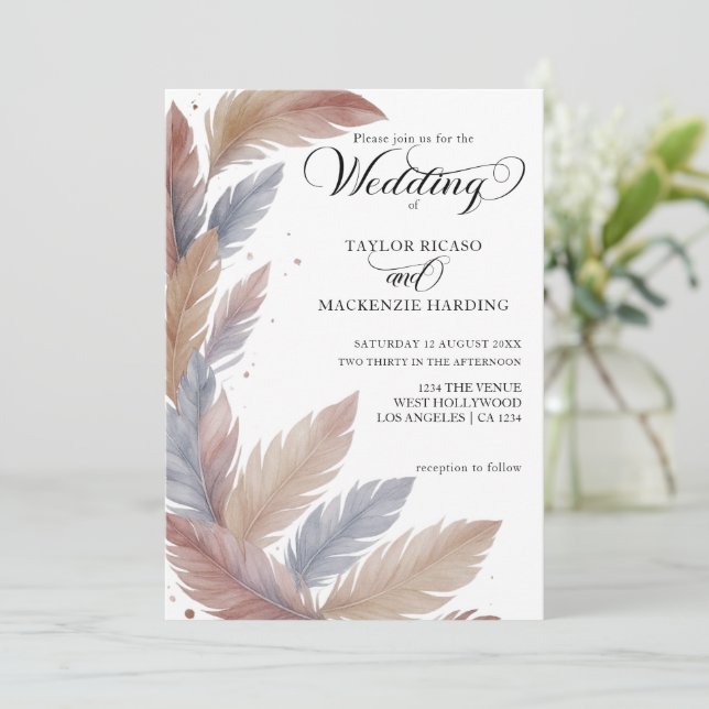 Convite Boho penas e casamento com fotos elegantes (Em pé/Frente)