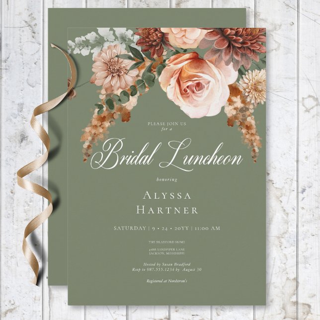 Convite Boho Pêssego e Ferrugem Floral Verde Salvia Almoço (Boho Peach & Rust Floral Sage Green Bridal Lunch Invitation)