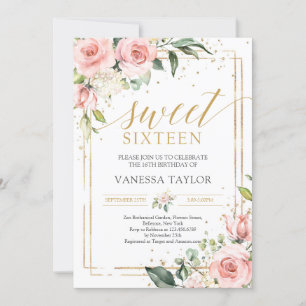 Convite Boho pincelado rosas cor-de-rosa dourado brilho ve