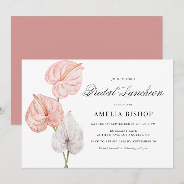 Convite Boho Pink Anthuriums Tropical Bridal Luncheon (Frente/Verso)