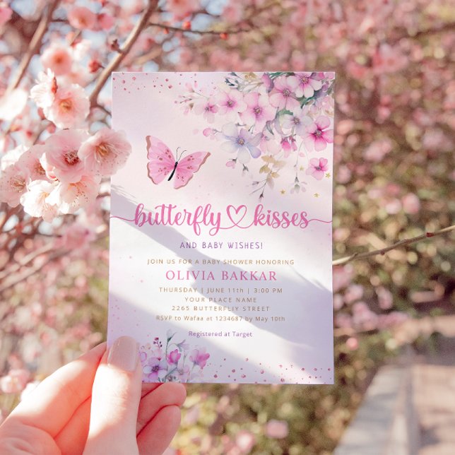 Convite Boho Pink Borboleta Floral Beija Chá de fraldas (Criador carregado)