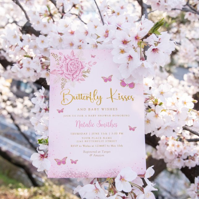 Convite Boho Pink Borboleta Floral Beija Chá de fraldas (Criador carregado)