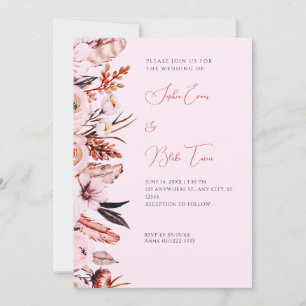 Convite Boho Pink & Brown Flores & Penas Casamento Rosa