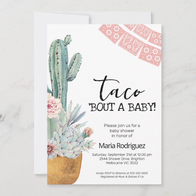 Convite Boho Pink Cactus Taco Sobre Um Chá de fraldas (Frente)