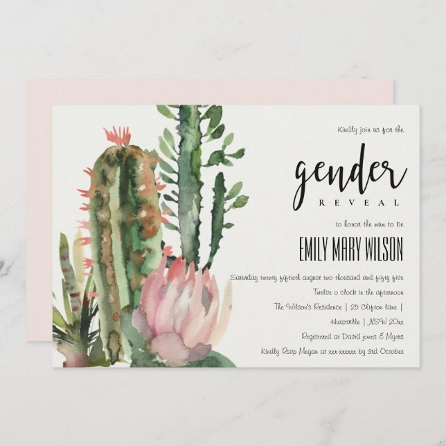 CONVITE BOHO PINK FLORAL DESERTO CACTI FAUNA GENDER REVEAL (Frente/Verso)