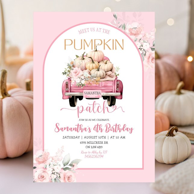 Convite Boho Pink Floral Fall Theme Pumpkin Patch Aniversá (Criador carregado)