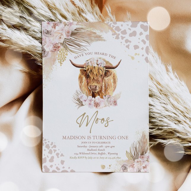 Convite Boho Pink Floral Pampas Grass Highland Cow Party (Criador carregado)