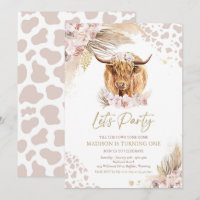 Boho Pink Floral Pampas Grass Highland Cow Party