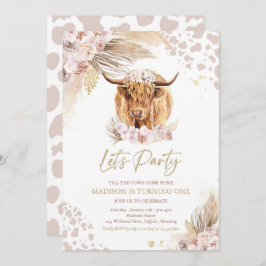 Convite Boho Pink Floral Pampas Grass Highland Cow Party