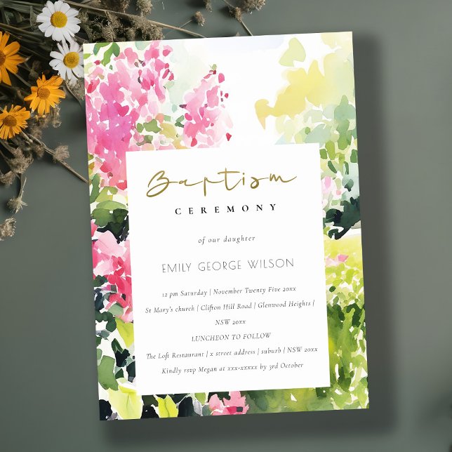 Convite Boho Pink Green Tropical Bougainvillea Bapitismo (Criador carregado)