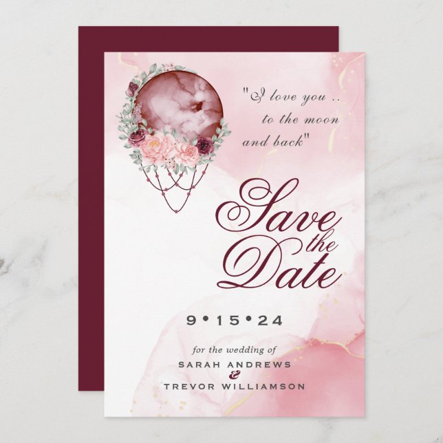 Convite Boho Pink Maroon Moon Mandala Salvar Data (Frente/Verso)