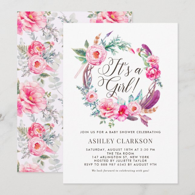 Convite Boho Pink Peonies Wreath É uma Chá de fraldas de M (Frente/Verso)