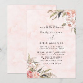 Convite Boho Pink Peony Pampas Grass Casamento