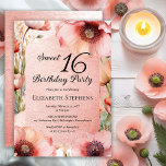 Convite Boho Pink Poppies Floral Sweet 16 Birthday Party<br><div class="desc">Elegant pink poppies floral design "Sweet 16 Birthday Party" design featuring a floral frame of varying shades of pink poppies on a distressed pink background.</div>