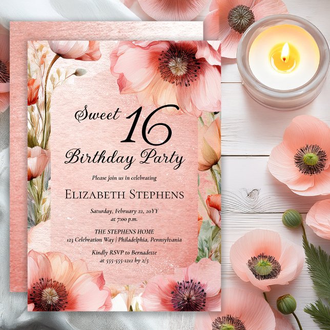Convite Boho Pink Poppies Floral Sweet 16 Birthday Party (Elegant Pink Poppies Floral Sweet 16 Birthday Party Invitation - Print | Digital Download)