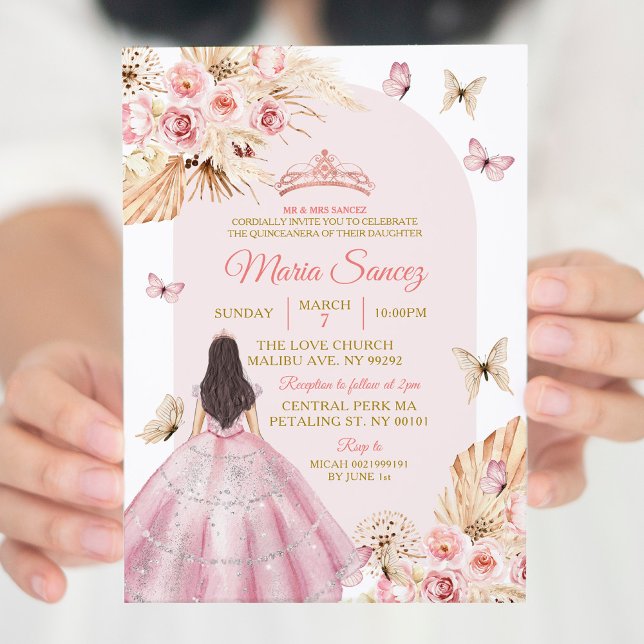 Convite Boho Pink Princesa Floral Mexicana Quinceañera (Criador carregado)