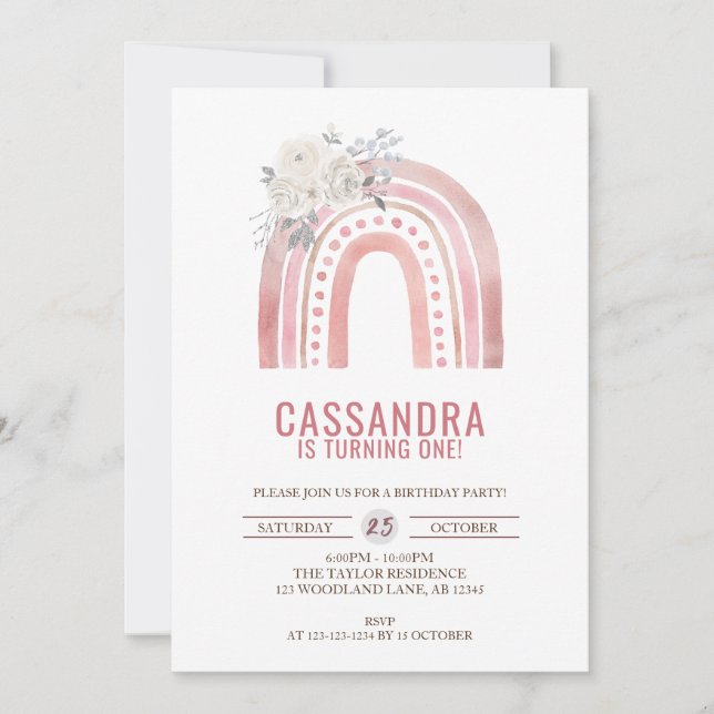 Convite Boho Pink Rainbow Birday, primeiro aniversario Ros (Frente)
