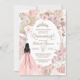 Convite Boho Pink Rosas Florais Secas Quinceanera Aniversá