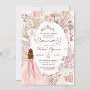 Convite Boho Pink Rosas Florais Secas Quinceanera Aniversá
