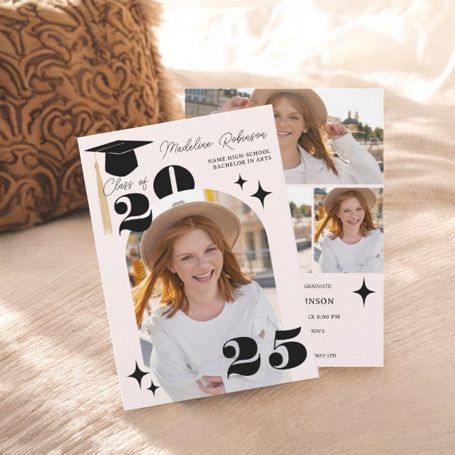 Convite Boho Pink Stars 4-Photo Graduação Moderna (Boho Pink Stars Modern 4-Photo Graduation Invitation)