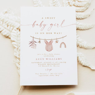 Convite Boho Pink Sweet Baby Girl Chá de fraldas