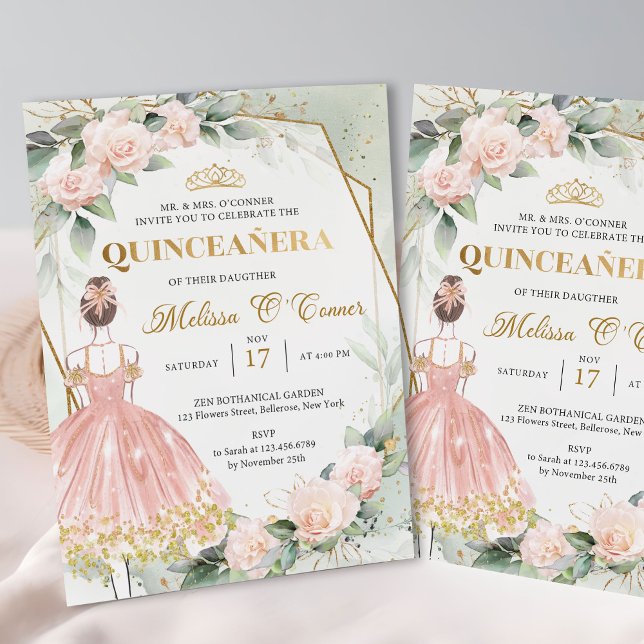 Convite Boho Pink veste flores cor-de-rosa Quinceanera (Trendy pink and gold quinceanera invitation template)