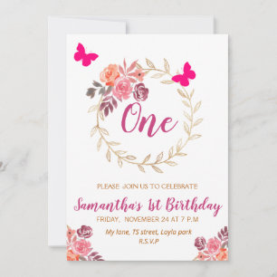 Convite Boho Pink Watercolor Floral Primeiro Aniversário