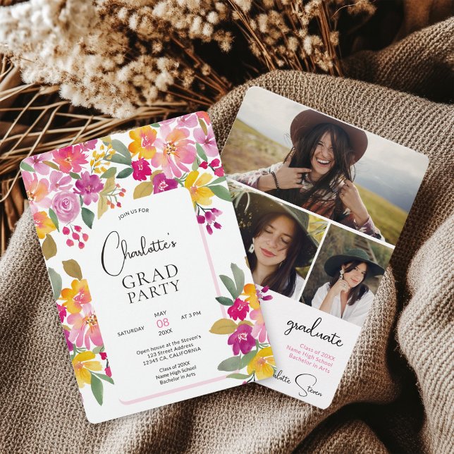 Convite Boho Pintado À Mão Graduação Floral 3-Foto De Boho (Boho Hand-Painted Boho Floral 3-Photo Graduation Invitation)