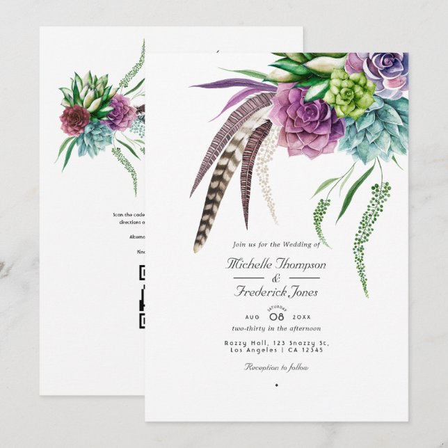 Convite Boho Plantas Suculentes Código QR Casamento RSVP (Frente/Verso)