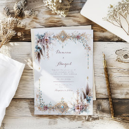 Convite Boho Plumas Floral Dourado Jóias Moldura Casamento