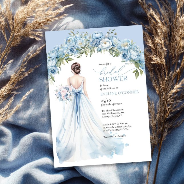 Convite Boho poeirento peonias azuis vestido de noiva (Boho dusty blue peonies wedding gown greenery invitation)